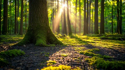 Sunbeams Illuminate Mossy Forest Floor