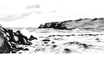  Coastal Ink Painting with Bold Black Lines and Soothing Ocean Waves