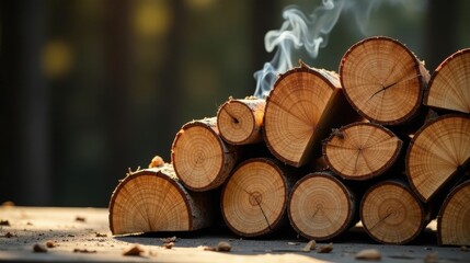 Fototapeta premium Smoky Sunset A Stack of Beautifully Sawn Logs Glowing in the Golden Hour Light