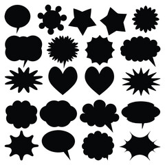Comic speech bubbles, explosion shapes, and dialogue balloons in black silhouette. Vector cartoon elements for pop art, retro comics, and graphic design. Blank text spaces for creative designs