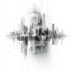 Futuristic Cityscape with Abstract Architecture and Digital Elements in Black and White Shades, Reflective Surfaces and Geometric Patterns