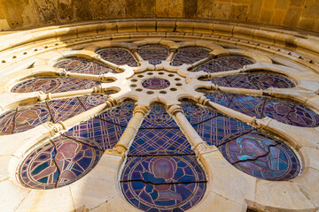Rose window facade of Lisbon Cathedral or simply the Se (Se de Lisboa), the oldest church in Lisbon, Portugal, built in 1147