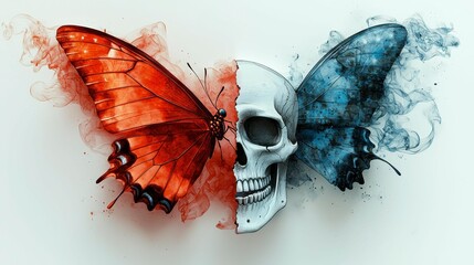 Skull and Butterfly Duality in Half Orange and Blue Winged Graphic Watercolor Design Illustration
