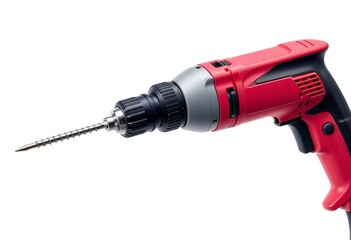 Close-up of a red power drill with a metal drill bit on a white background.