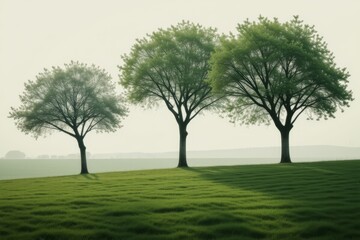 Obraz premium three trees in a row on a grassy hill with a foggy sky