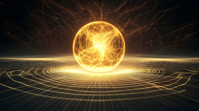 A mesmerizing glowing orb radiating concentric light waves in a dark abstract void