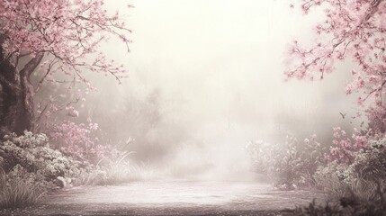 Obraz premium Misty Pink Blossom Path: A Serene Spring Morning
