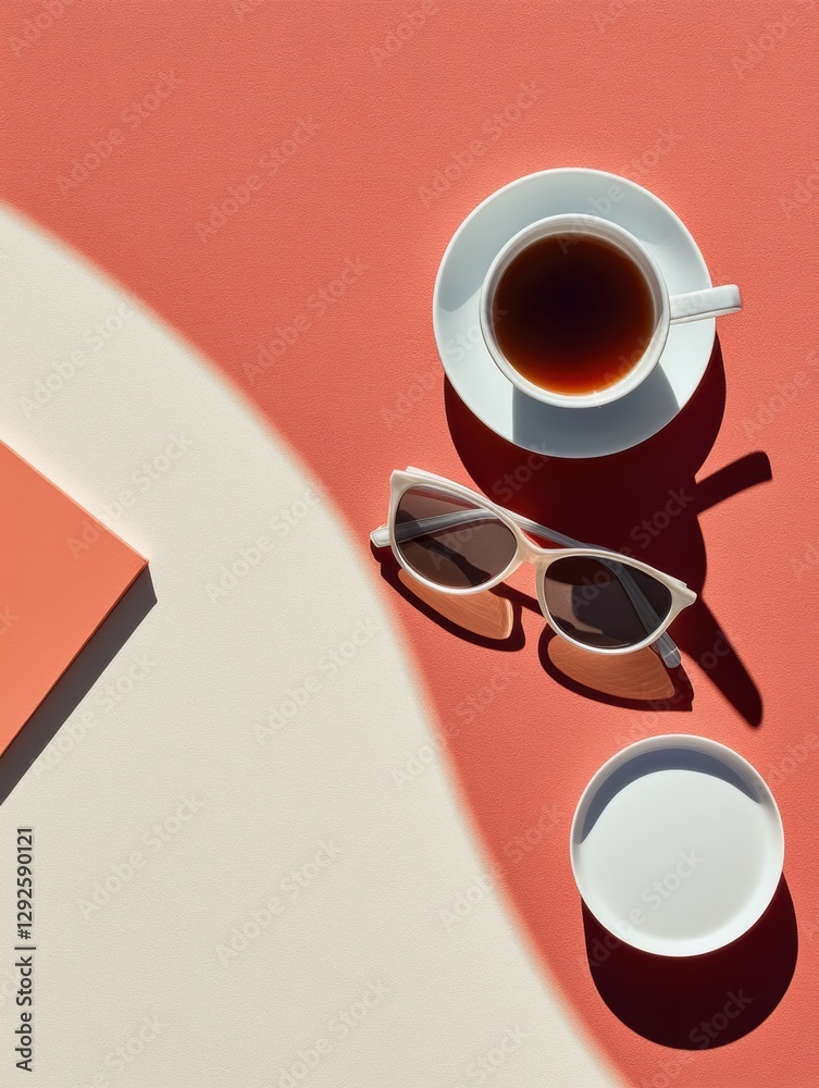 Poster coffee and sunglasses arranged on a minimalist surface with soft colors in a bright setting. generat