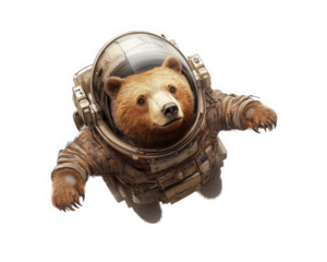 bear in space helmet floating in zero gravity, showcasing whimsical and adventurous spirit. This unique scene captures imagination and evokes sense of wonder