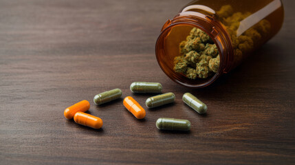 bottle of cannabis with spilled capsules on wooden surface, showcasing contrast between natural and synthetic substances