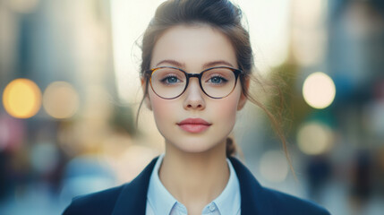 confident young woman in her 20s, wearing glasses and stylish outfit, stands in urban setting, exuding professionalism and poise