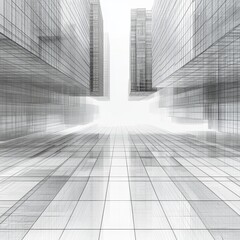 Fototapeta premium Abstract Architectural View of Transparent Skyscrapers with Reflective Surfaces and Grid Patterned Floor in Urban Environment