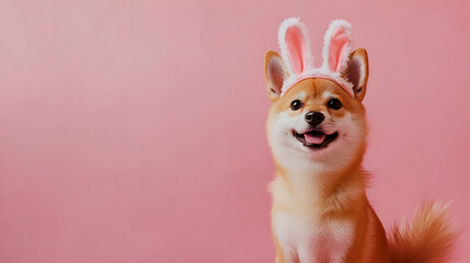 Adorable shiba inu puppy with bunny ears on pink background celebrating Easter