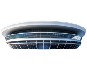 modern stadium with sleek design featuring curved roof and large glass windows, showcasing contemporary architecture and innovative structure