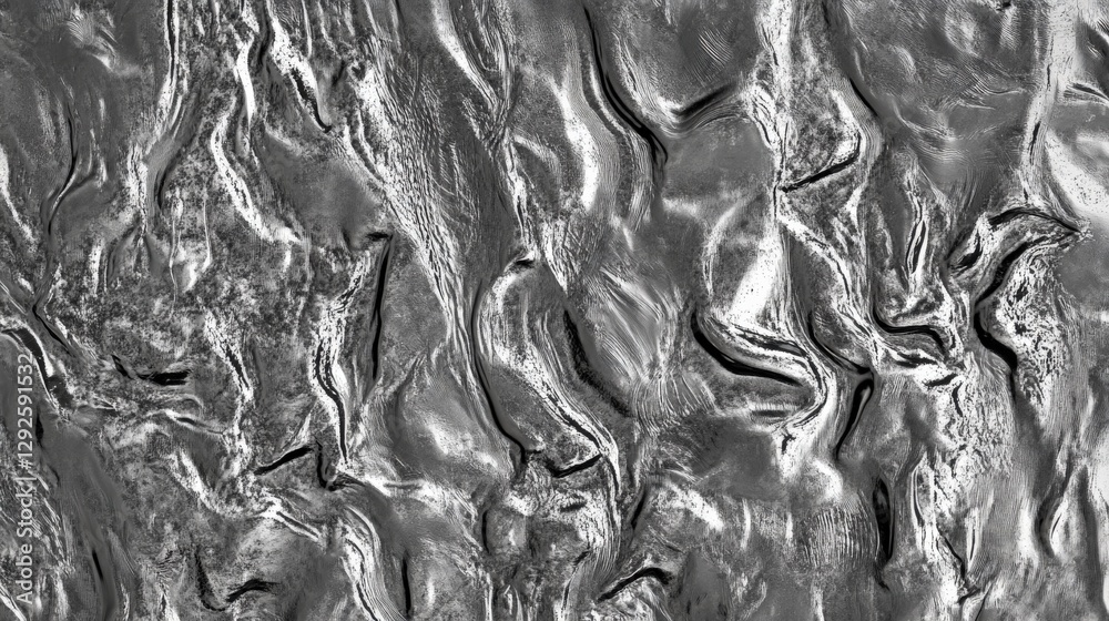 Poster abstract texture resembling flowing liquid with intricate patterns and shadows in grayscale
