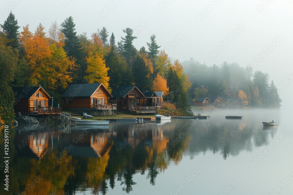Poster serenity of a foggy autumn morning by the lake with tranquil cabins and colorful trees reflecting on