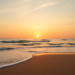  A calm, golden sunset over the seashore, with soft waves lapping the shore and sea foam gently caressing the sand, evoking