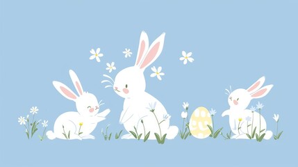 Cute Easter rabbits, eggs, and wildflowers in pastel colors on blue background. Minimalistic vector art with simple shapes and lines, white border