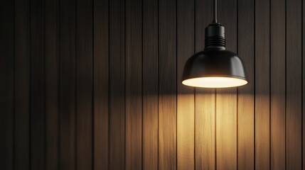 Obraz premium modern black pendant lamp illuminates wooden wall, creating warm ambiance. light casts soft glow, enhancing texture of wood