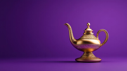 golden decorative teapot with intricate designs on violet background, exuding sense of elegance and charm