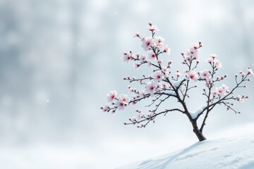 there is a small tree that is standing in the snow