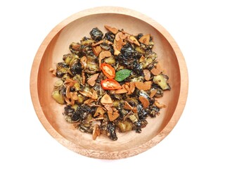 Fried snails (Pila ampullacea) with fried garlic in wooden bowl isolated on white background
