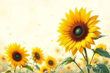 there are many sunflowers in a field with a sky background