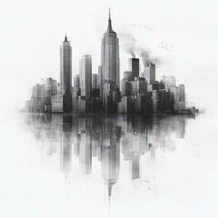 Fototapeta premium Monochrome Skyline of Urban City with Reflections in Water Showcasing Skyscrapers and Iconic Architecture Under Cloudy Atmosphere