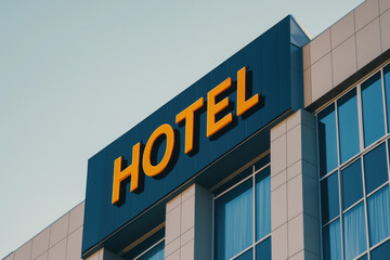 Obraz premium Hotel sign on modern building, showcasing welcoming atmosphere and contemporary design. bright letters stand out against sleek facade, inviting guests to enter