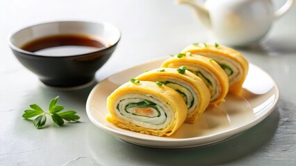 Delicious Rolled Omelet Slices with Savory Filling and Fresh Herbs Served with a Side of Tea