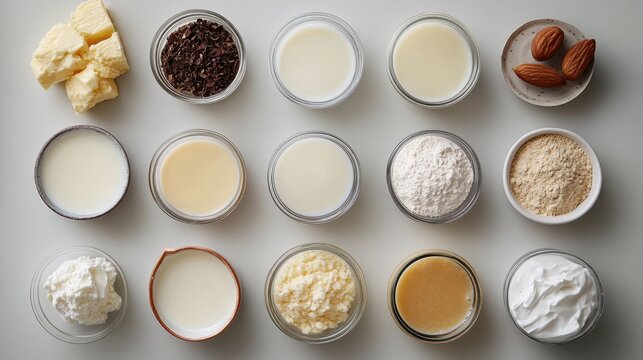 Various baking ingredients in bowls. Perfect for recipes, cooking blogs, or food articles.
