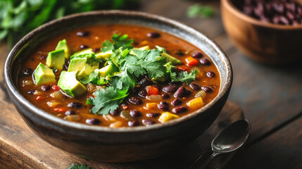  spicy black bean soup recipe with avocado and cilantro garnish hot eat food meal bowl dark