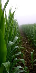 Obraz premium Crisp Morning Dew on Rows of Corn Plants in the Fields with Foggy Horizon