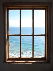  Rustic Charm Ocean View Through Window, Turquoise Waters and Gentle Sky