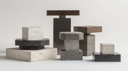 Marble pedestals with metal platform on top for display product, exhibit or trophy. Vector realistic set of empty steel podiums on stone base different shapes for showcase, museum or exposition