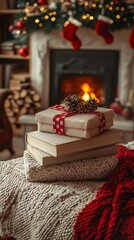 Cozy Holiday Books Gift by Fireplace
