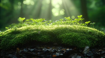 Fototapeta premium Lush Green Moss Carpet with Tiny Plants Sunlight in Forest Nature Background