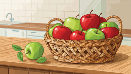 Red Apple Illustration vector design, Apples in wicker basket on table in kitchen vector design