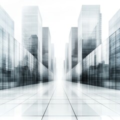 Abstract Urban Landscape with Futuristic Glass Buildings in a Wet Environment Creating a Reflective Atmosphere and Modern Aesthetic