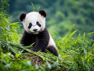 Obraz premium Adorable Young Panda Bear Sitting Amongst Lush Green Bamboo Forest