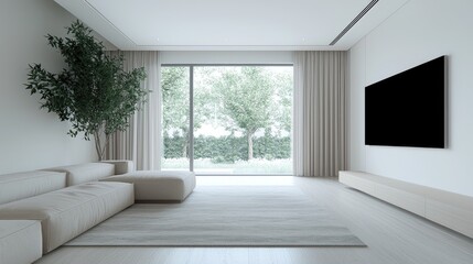 Obraz premium Modern living room interior with large windows overlooking garden. Possible use for interior design inspiration