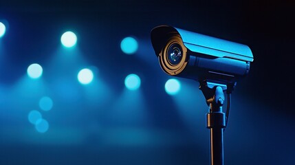 Fototapeta premium Security Camera in Night Setting Vigilant Surveillance Security System and Blue Illumination Lens Focus