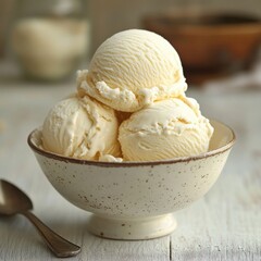 Creamy Vanilla Ice Cream Scoops in a Rustic Bowl on a Wooden Table with Soft Focus Background