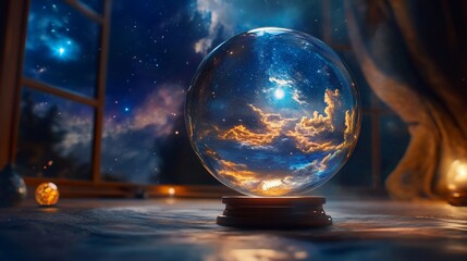 Mystical Crystal Ball Reflecting a Dreamy Night Sky with Golden Clouds