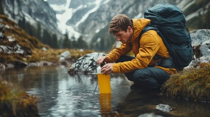 A backpacker filtering rainwater with a portable purifier, self-sufficient outdoor survival theme