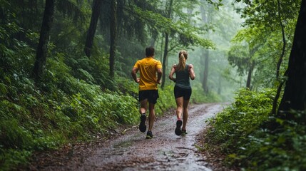 Obraz premium A couple jogging along a scenic forest trail, soft summer rain adding a refreshing touch, fitness and nature concept