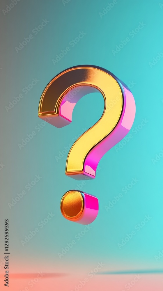 Poster floating metallic question mark with vibrant colors against gradient background. curiosity and inqui