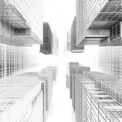 Fototapeta premium Abstract View of Urban Skyscrapers with Glass Facades Under Clear Sky in Black and White