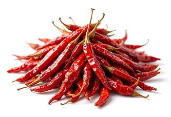 A vibrant heap of dried Mexican guajillo chili peppers showcases their rich red hue against a contrasting white background.