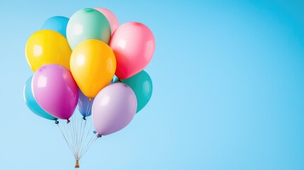 Naklejka premium Colorful balloons float against a blue sky; celebration, party, joy